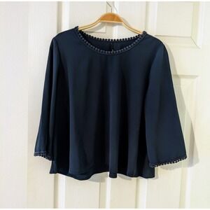 Crochet‎ Trim Navy Blue Blouse Bell 3/4 Sleeve Round Neck Top Large